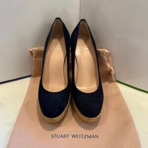 Stuart Weitzman Navy Suede Cork Wedge Pumps As Seen on Kate Middleton Size 6.5